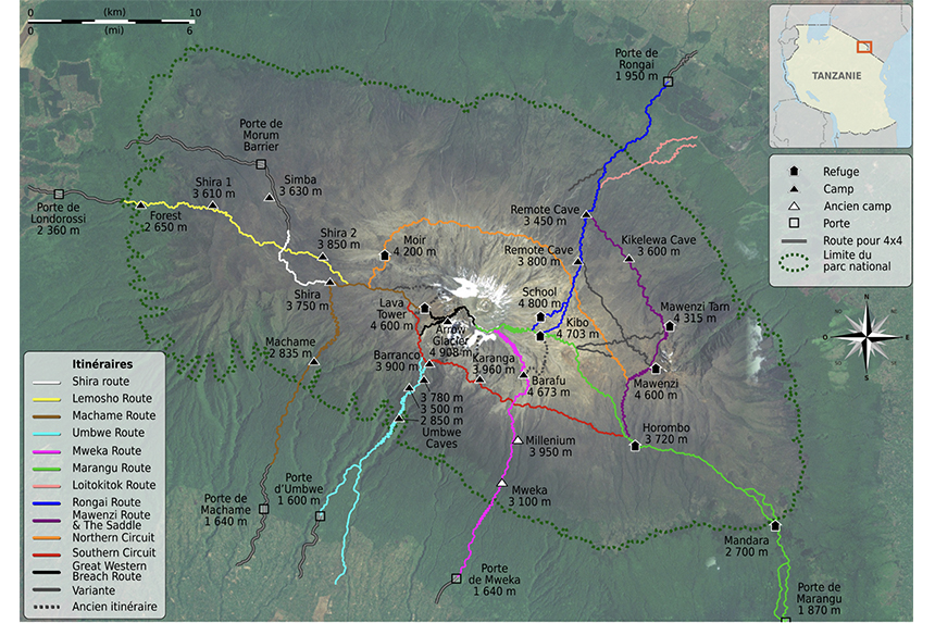 Carte des différents itinéraire au  Kilimandjaro